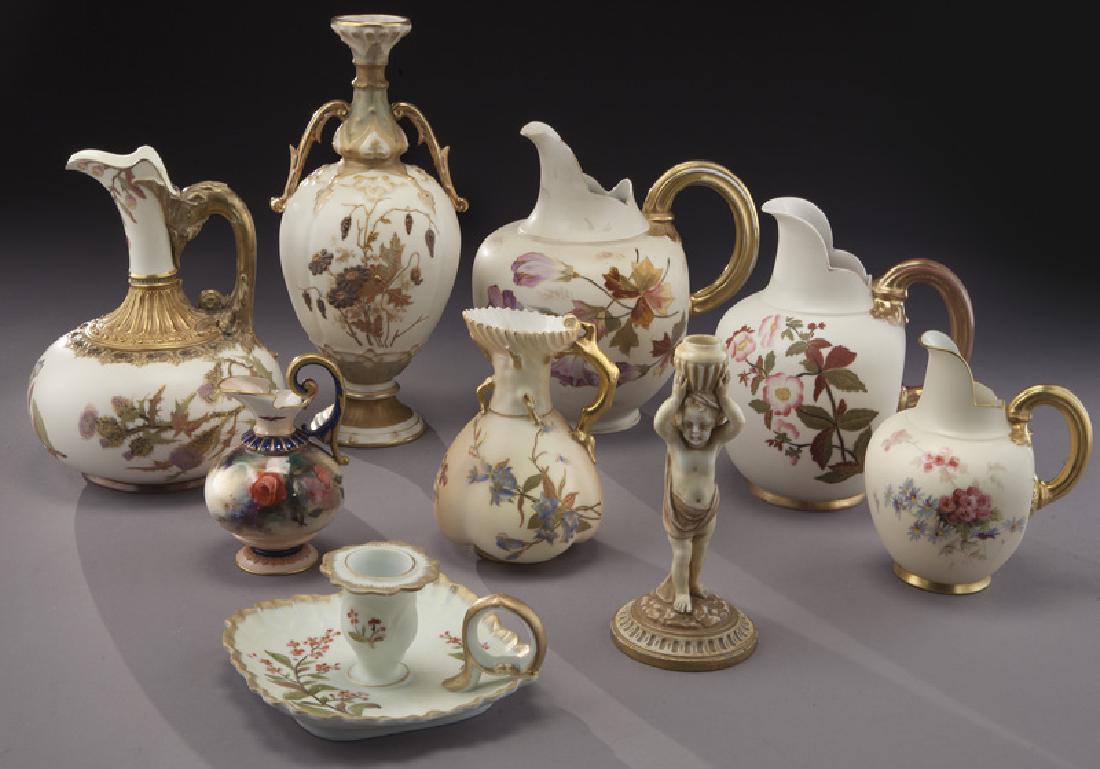 (9) Royal Worcester porcelains,: (9) Royal Worcester porcelains, including a griffin handle ewer, a two handle vase, and more. Tallest: 10.5"H, Circa - Early 20th C. PROVENANCE: From the Estate of John W. Lolley, Monroe, Louisiana.