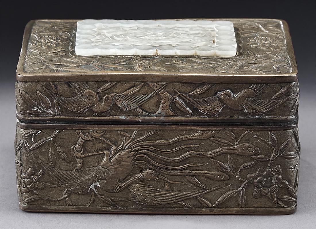 Chinese Qing jade inlaid brass box,: Chinese Qing jade inlaid brass box, depicting dragon, phoenix, swallows, and plants. 3.5"W x 4.5"L x 2.25"D, Circa - 19th C.