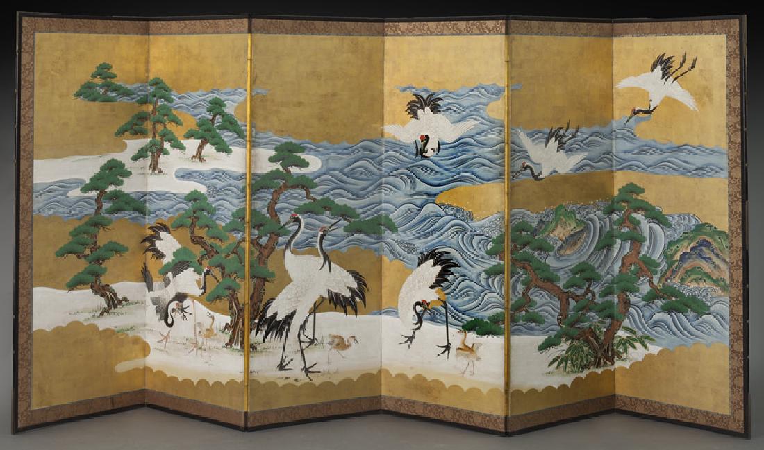 19th C. Japanese painted 6-panel screen,: 19th C. Japanese painted 6-panel screen, depicting cranes on the shore. Each: 67"H x 25"W; Overall: 67"H x 150"W, Circa - Meiji Period.