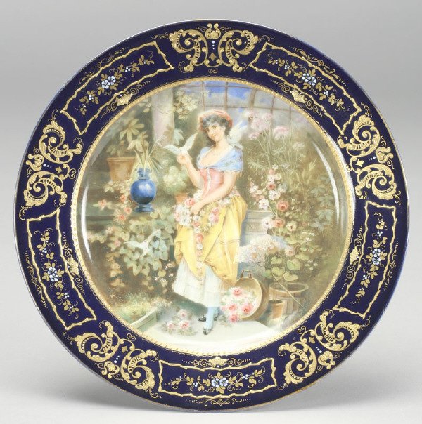 Vienna style porcelain plate, the cobalt border