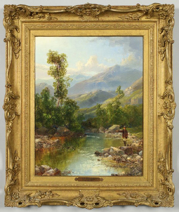 James Burrell Smith oil painting on canvas,: One the Lledr. Signed lower left, "J. B. Smith." Site: 17.5"H x 13.5"W; Frame: 25"H x 21"W. James Burrell Smith (British 1822-1897) is noted for his landscapes frequently including waterfalls. Provena