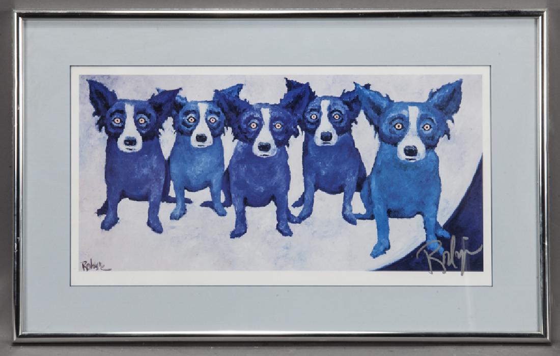 George Rodrigue "Home on the Moon" color: George Rodrigue "Home on the Moon" color lithograph, c. 1991. Signed lower right, "Rodrigue". Image: 10.75"H x 22"W; Site: 12"H x 23"W; Frame: 18.25"H x 29.25"W. PROVENANCE: The Rodrigue Gallery of Ne
