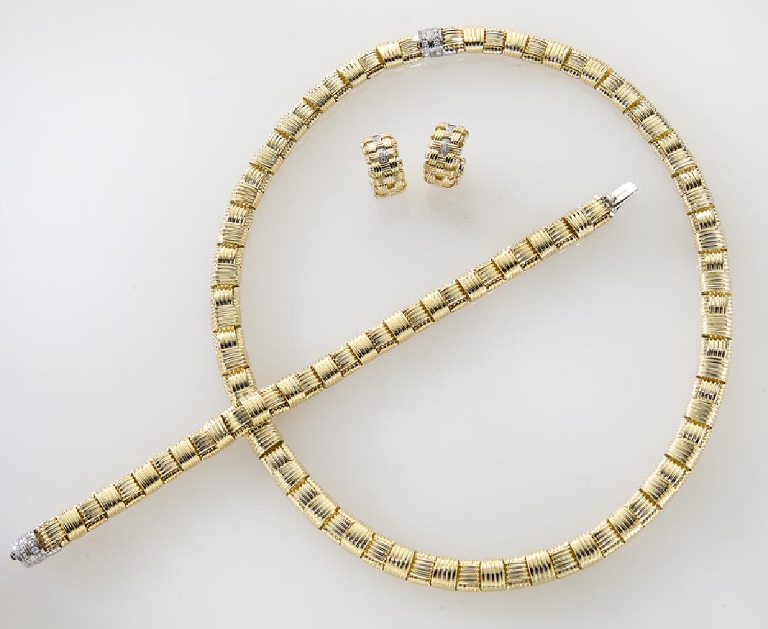 3 Pc. set Roberto Coin "Appassionata" 18K gold: 3 Pc. set Roberto Coin "Appassionata" 18K gold and diamond jewelry including a necklace, bracelet, and pair of earrings in a basketweave design with diamond accents and the signature Roberto Coin hidd