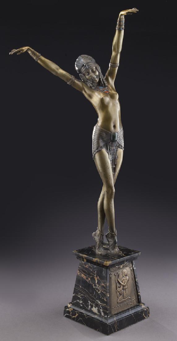 Demetre Chiparus "Egyptian Dancer" bronze,: Demetre Chiparus "Egyptian Dancer" bronze, depicting a semi-nude woman with enamel highlights, standing on a marble plinth with an Egyptian motif bronze plaque. Inscribed, "Etling Paris" to marble bas