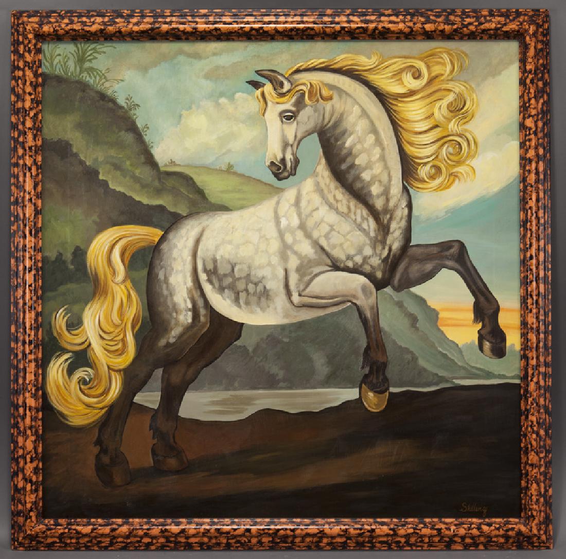 William Skilling "Untitled (Rearing Horse)" oil on: William Skilling "Untitled (Rearing Horse)" oil on canvas. Signed lower right, "Skilling". Canvas: 48"H x 48"W; Frame: 53.75"H x 53.75"W. William Skilling (American/British, 1862–1964)