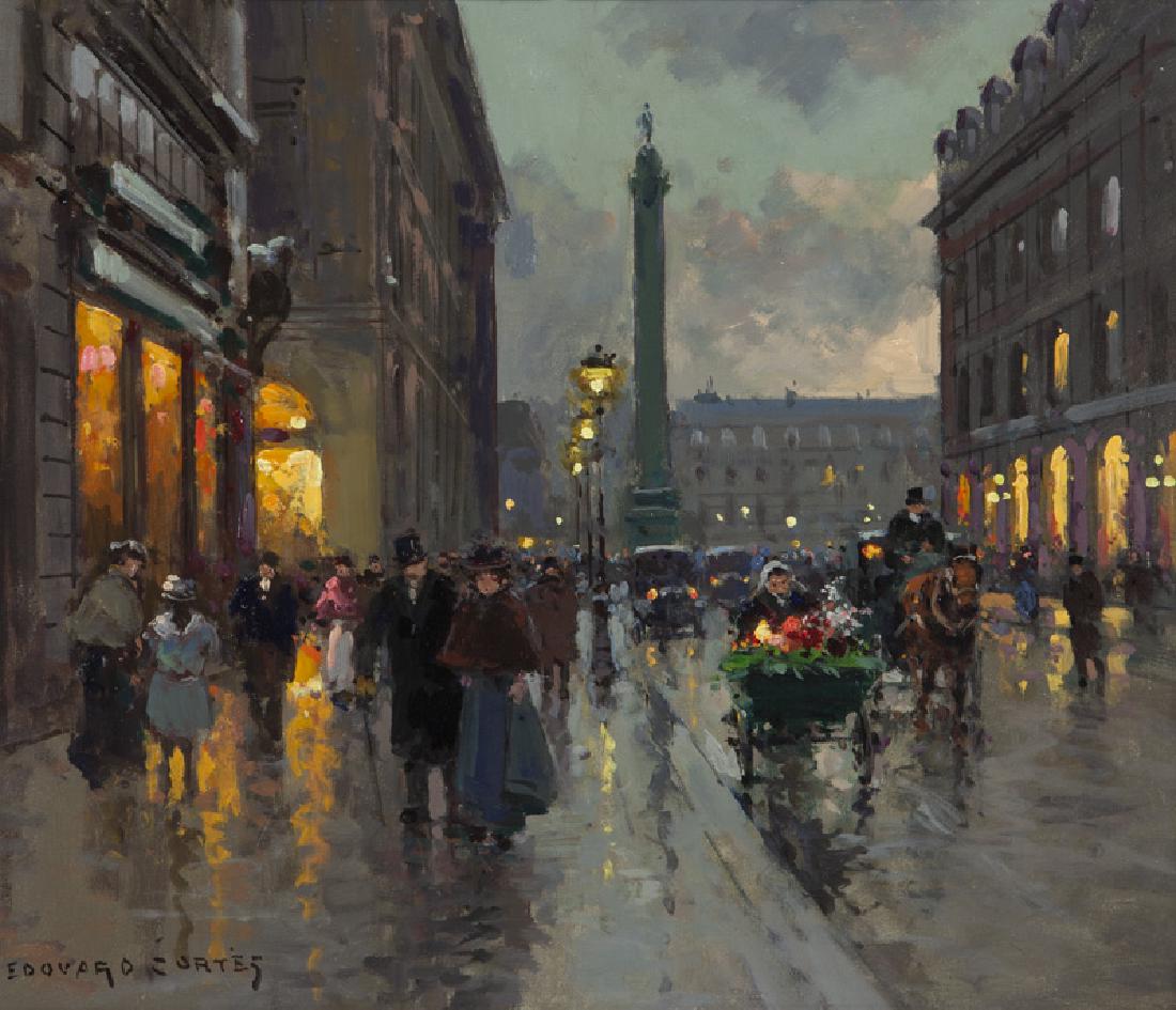 Edouard Cortes "Rue de la Paix et Place Vendome": Edouard Cortes "Rue de la Paix et Place Vendome" oil on canvas, c. 1960. Signed lower left, "Edouard Cortes". Canvas: 18"H x 22"W; Frame: 25.25"H x 28.75"W. PROVENANCE: The artist to Galerie F. Clair,