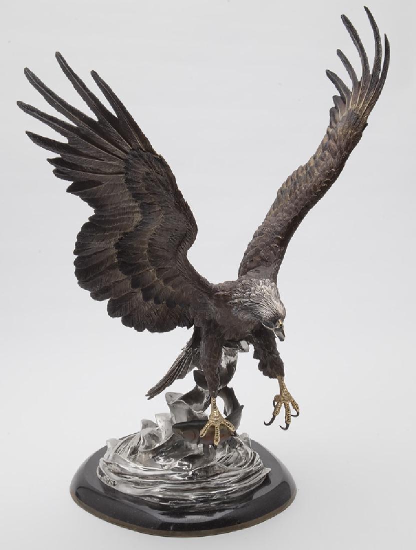 Chester Fields "Eagle's Domain" bronze, silver,: Chester Fields "Eagle's Domain" bronze, silver, and gold, 1993. Signed, dated, and numbered to silver base, "Chester Fields © 1993 45/175". 26"H x 18.5"W x 16"D. Chester Fields (American, b. 1945).