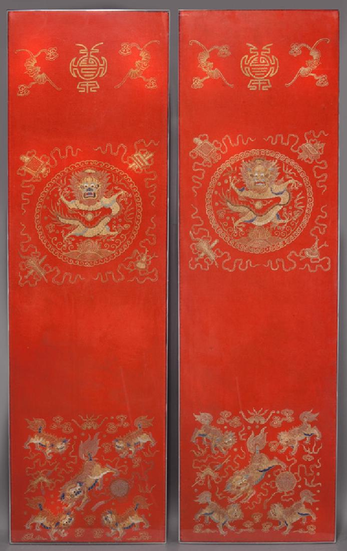 Pr. Chinese Qing embroidery chair covers,: Pr. Chinese Qing embroidery chair covers, depicting dragons, foo dogs, and lucky symbols. 66.5"H x 19.5"W, Circa - 19th C. PROVENANCE: Estate of Ms. Louise Moorrees (maiden name). Her great grand uncl