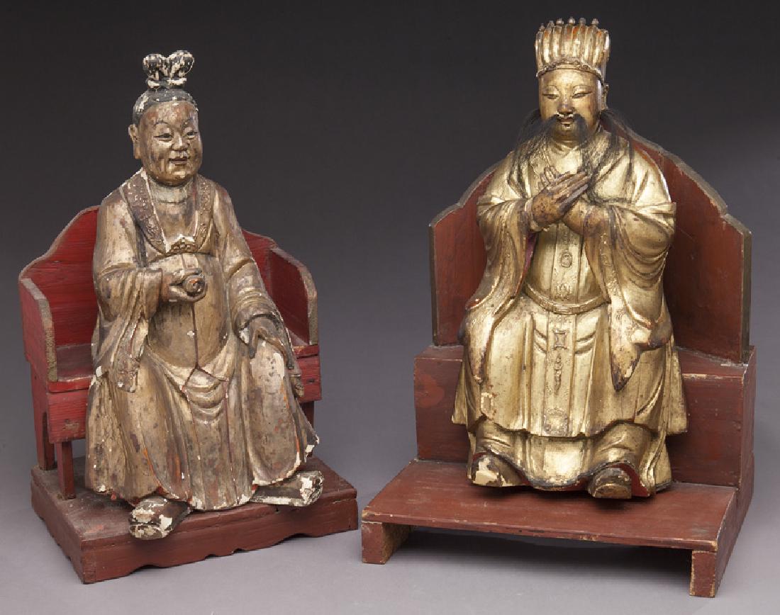 Chinese Ming to Qing gold lacquer wood God: Chinese Ming to Qing gold lacquer wood God and Goddess of Prosperity (Cai Shen), seated on thrones. Without stand: 17.5"H, Circa - 16th - 17th C.
