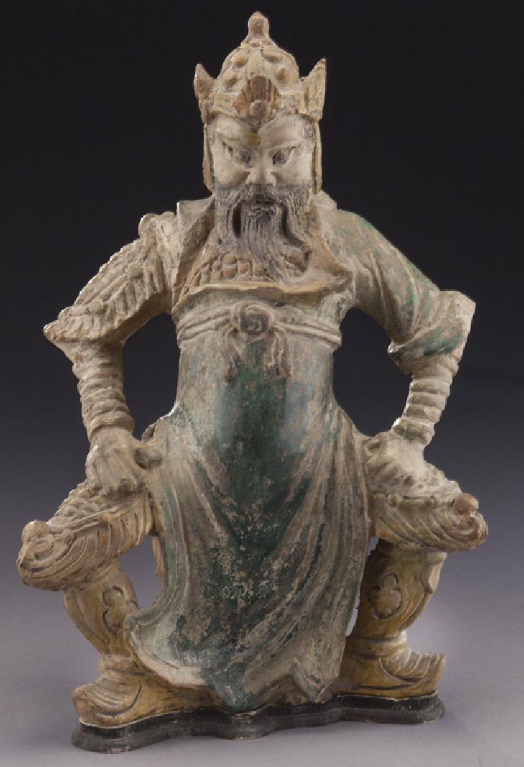 Chinese Ming polychrome warrior,: Chinese Ming polychrome warrior, probably Guandi, resting on original papier-mache stand. Without stand: 14.75"H, Circa - 15th - 17th C. PROVENANCE: Estate of Ms. Louise Moorrees (maiden name). Her gr