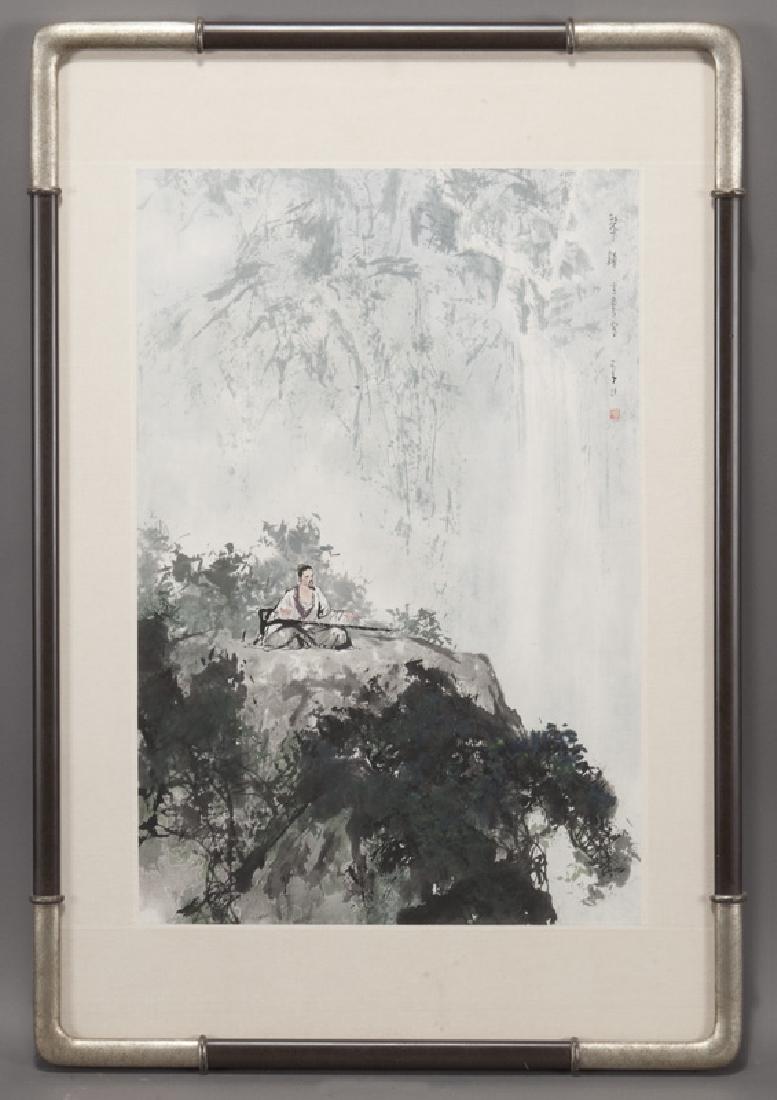 Li Shan "Lasting Appeal of Music" watercolor,: Li Shan "Lasting Appeal of Music" watercolor, 1981. Titled, signed, and dated with artist's seal in upper right quadrant. Sheet: 26.75"H x 17.625"W; Frame: 36.875"H x 24.875"W. Li Shan (Chinese/Americ