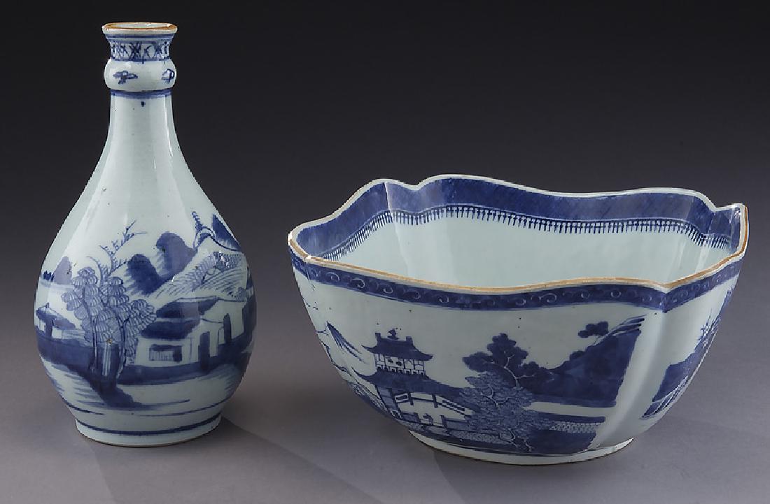 (2) Pcs. Chinese export porcelain,: (2) Pcs. Chinese export porcelain, including: (1) blue and white vase and (1) square bowl. Taller: 9.5"H, Circa - 18th - 19th C. PROVENANCE: Estate of Ms. Louise Moorrees (maiden name). Her great gran