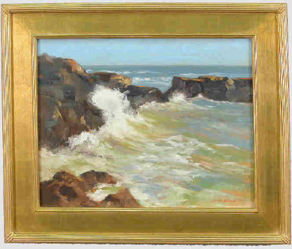 Signed Darwin Duncan (LR) oil on canvas: of a Southern California seascape. Darwin Duncan (1905-2002) was a plein air artist that painted scenes of Orange County, the High Sierra, and the desert near his home. He taught at Orange Coast Colle
