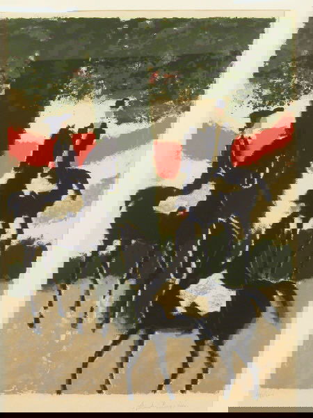 Signed Andre Brasilier (LR) lithograph titled,: "Riders & Sunset". The edition number is 40/100 as noted on the print. Andre Brasilier (B.1929) was a French born artist who spent most of his life traveling around the world. In 1953, he won the Prem