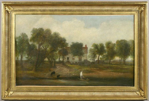 William Moore Davis oil painting on canvas,: landscape. Signed and indistinctly dated lower left, "W.M. Davis." Site: 21.5"H x 35.5"W; Frame: 29"H x 43"W. William Moore David (American 1829 - 1920) was a New York artist noted for his depictions