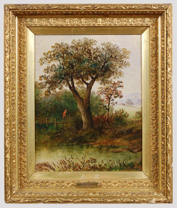 David Johnson oil painting on canvas laid on panel: The Wanderer. Monogrammed and dated lower right, "DJ 86." Site: 13.5"H x 10.5"W; Frame: 19"H x 16"W. David Johnson (American 1827-1908) was a second generation Hudson River School artist noted for his