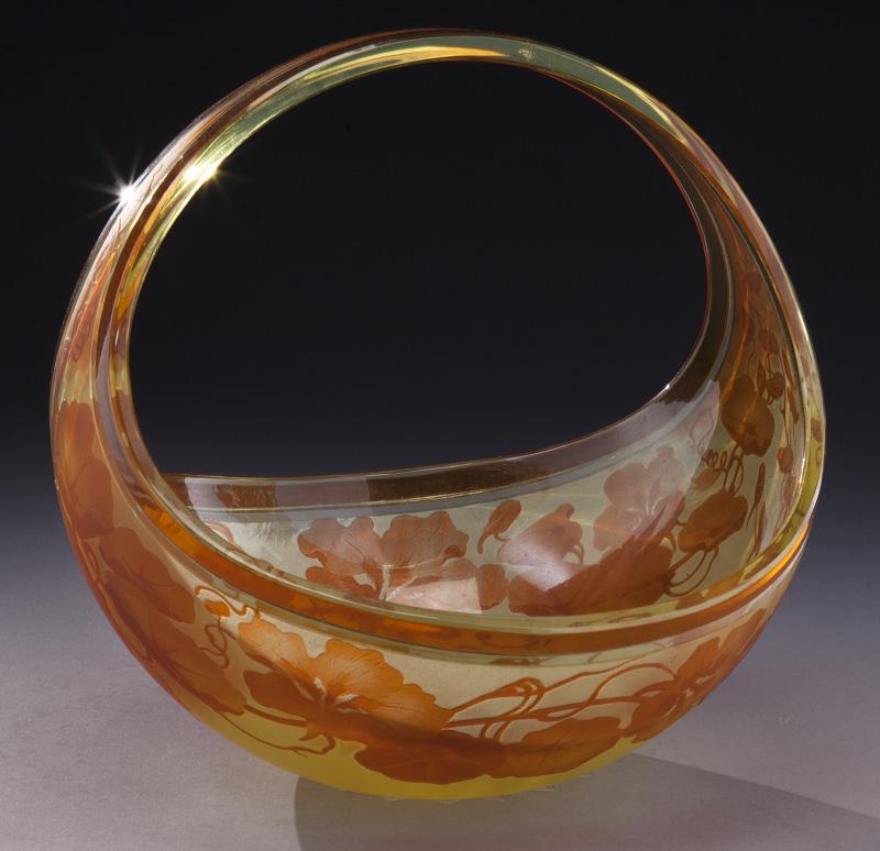 Val Saint Lambert cameo basket,: Val Saint Lambert cameo basket, yellow glass decorated with vining morning glories. 12"H x 11.5"W, Circa - 1900.