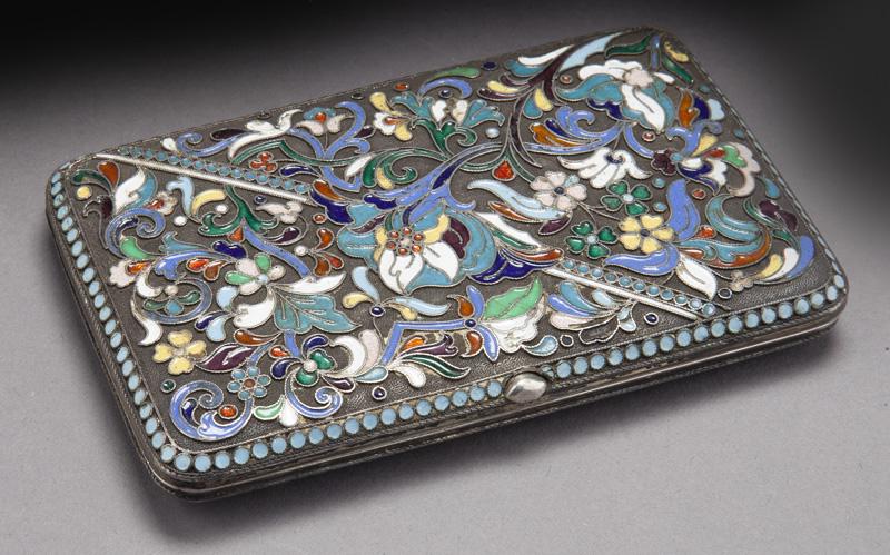 Russian silver cloisonne cigarette case: Russian silver cloisonne cigarette case with enameled scrolling and floral decoration. Unmarked. 4.5"W x 3"D,