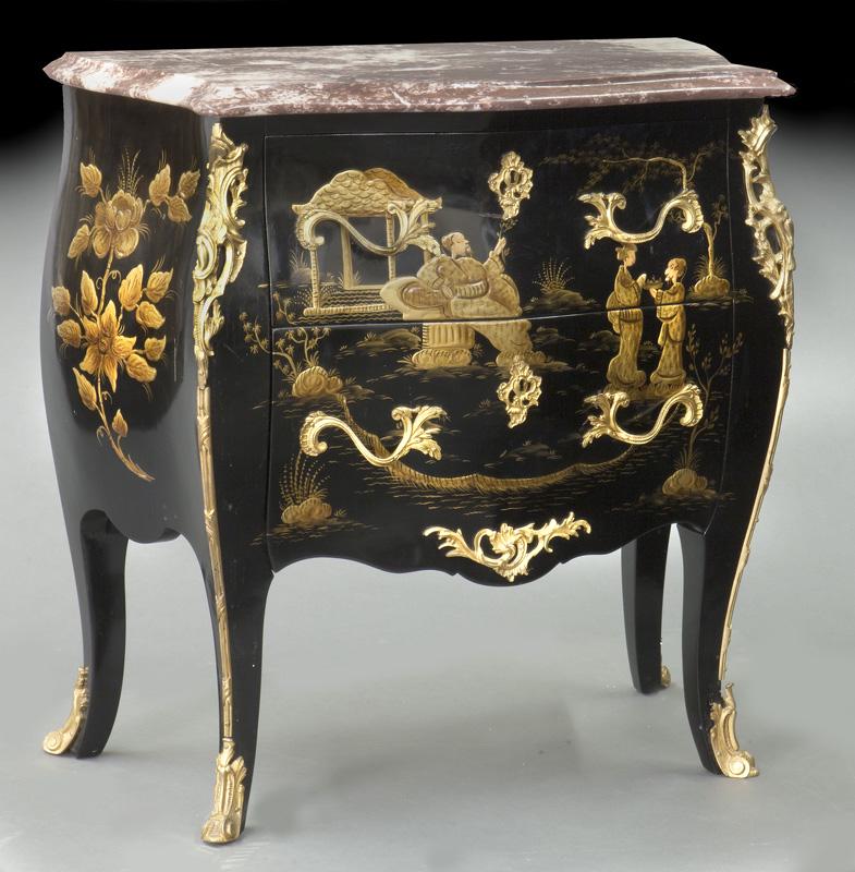 French style lacquered marble top commode,: French style lacquered marble top commode, the shaped rouge marble top over conforming base with gilt Chinoiserie figural decoration to front and floral decoration to sides, raised on cabriole legs wi