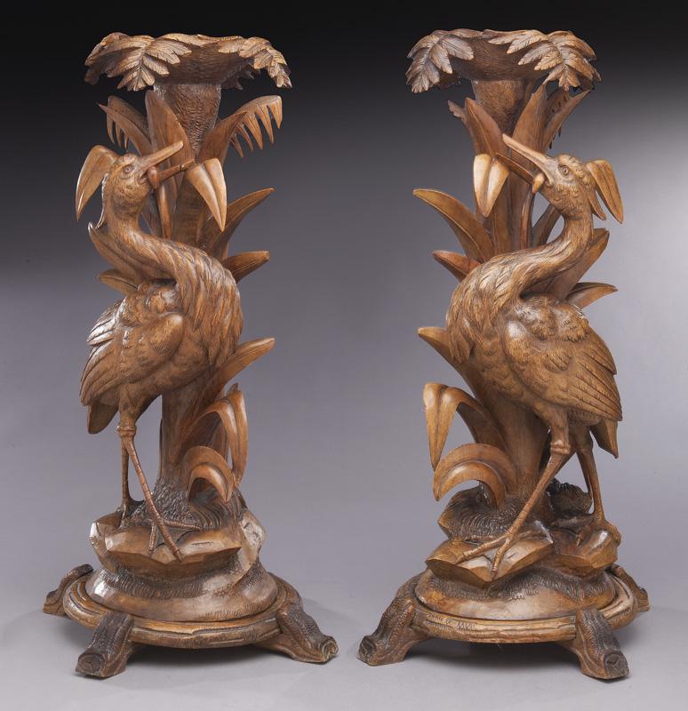 Pair Black Forest carved table pedestals: Pair Black Forest carved table pedestals with full carved standing birds. 30.5"H, Circa - 1880.