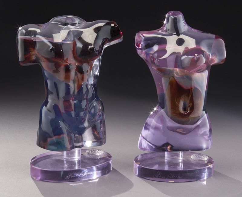 (2) Contemporary Dino Rosin figural sculptures,: (2) Contemporary Dino Rosin figural sculptures, depicting a nude male and female torso. Both signed, "Dino Rosin" and with a factory seal. 12"H,