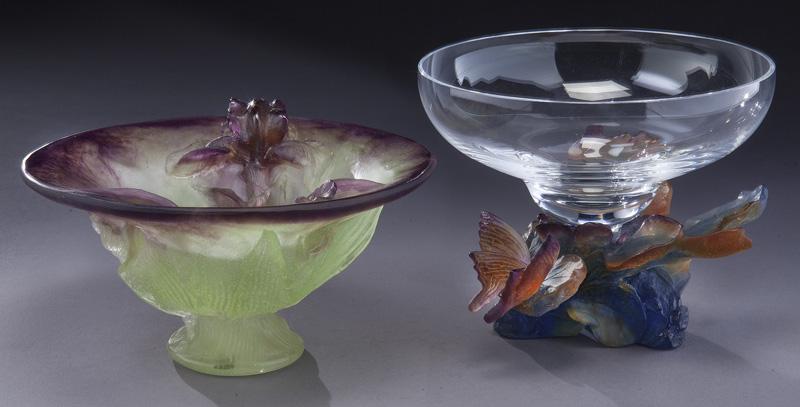 (2) Daum pate de verre glass vessels,: (2) Daum pate de verre glass vessels, including: (1) compote with amethyst and green iris motif. Inscribed to base, "Daum France"; (1) centerpiece with circular clear glass bowl supported by blue and 