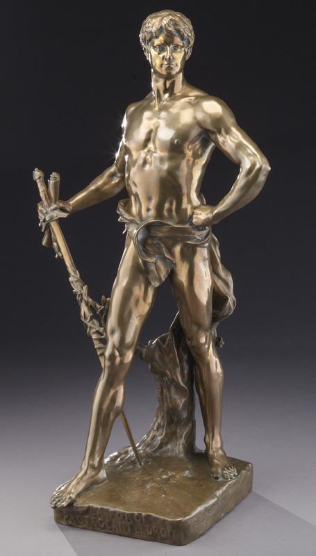 Eugene Marioton "La force protegeant le droit": Eugene Marioton "La force protegeant le droit" gilt bronze sculpture. Inscribed with title to the front base and signed to right side base, "Eug Marioton". Eugene Marioton (French, 1854-1933). 25"H,