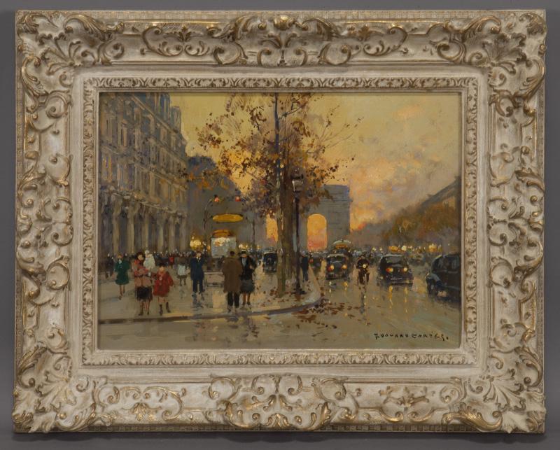 Edouard Cortes, Untitled (Parisian street scene): Edouard Cortes, Untitled (Parisian street scene) oil on canvas. Signed lower right, "Edouard Cortes". Canvas: 13.25"H x 18"W; Frame: 20"H x 25"W. PROVENANCE: Estate of Patricia and Lonnie "Bo" Pilgrim