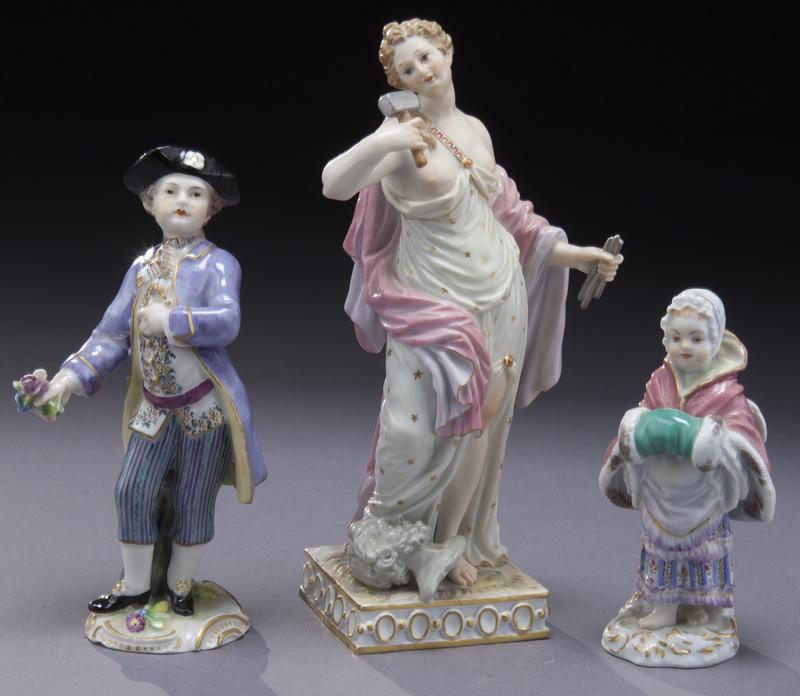(3) Meissen porcelain figures,: (3) Meissen porcelain figures, including: (1) classical maiden with hammer; (1) child; (1) boy with flower in hand. All marked with crossed sword mark in blue underglaze. Circa - 1900.