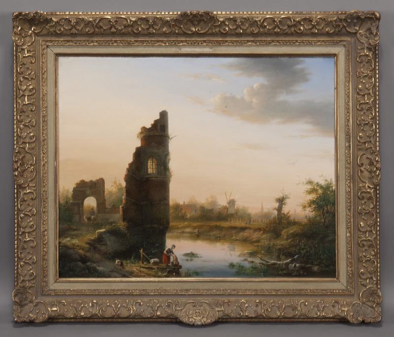 Daniel van der Schrieck "Wash Day Near the Ruins": Daniel van der Schrieck "Wash Day Near the Ruins" oil on panel. Signed lower right, "Daniel VDC". Panel: 21.25"H x 26.5"W; Frame: 29"H x 34.375"W. Daniel van der Schrieck (Belgian, 19th C.).