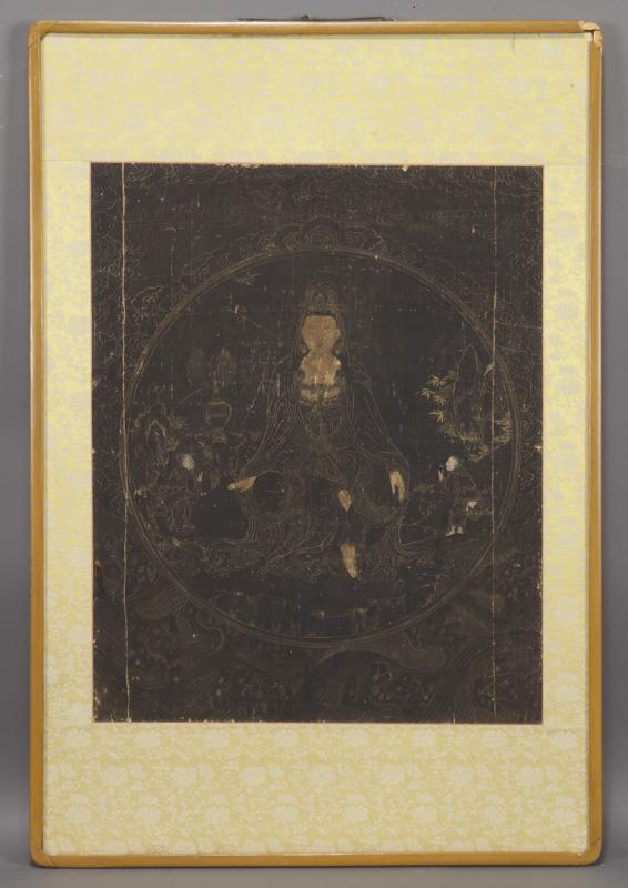 Chinese Ming gold powder painted Guanyin: Chinese Ming gold powder painted Guanyin sitting on a throne with two boys worshipping her. 19"W x 23.25"H, Circa - 16th-17th C.
