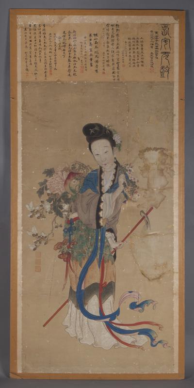 Chinese Qing watercolor painting,: Chinese Qing watercolor painting, depicting the Goddess of Longevity and dated the summer of 1911, the last year of the Qing dynasty. Sealed Jun Lan, Wang Dao Yuan Ming, Sui Yuan, Le Shan. 77"H x 33.7