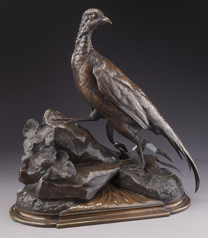 Jules Moigniez bronze sculpture of a pheasant: Jules Moigniez bronze sculpture of a pheasant standing on a rocky outcropping. Signed lower left front "J. Moigniez". Brown patina. Signed in cast. Jules Moigniez (French, 1835-1894). 19.5"H x 18"W x 