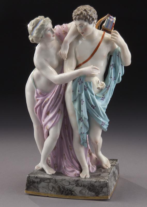Meissen figural group,: Meissen figural group, depicting two draped classical nudes. With cross sword mark in blue underglaze. 10.5"H x 6"W,
