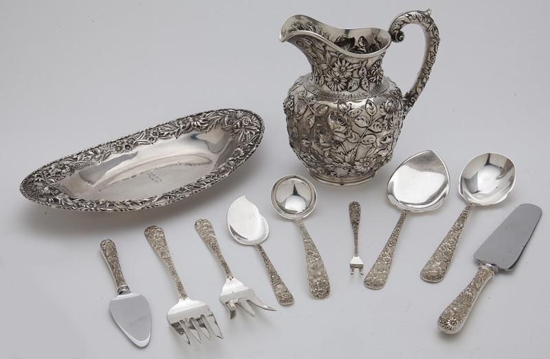 (11) Pcs. S. Kirk & Son Repoussé sterling,: (11) Pcs. S. Kirk & Son Repoussé sterling, including: (1) pitcher; (1) serving tray; and (9) serving utensils.