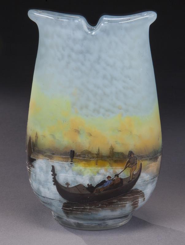 Rare Daum Nancy bird's beak vase with Venetian: Rare Daum Nancy bird's beak vase with Venetian canal scene decoration. Signed "Daum Nancy with the Cross of Lorraine" 4.5"H x 3"W x 2"D, Circa - 1900.
