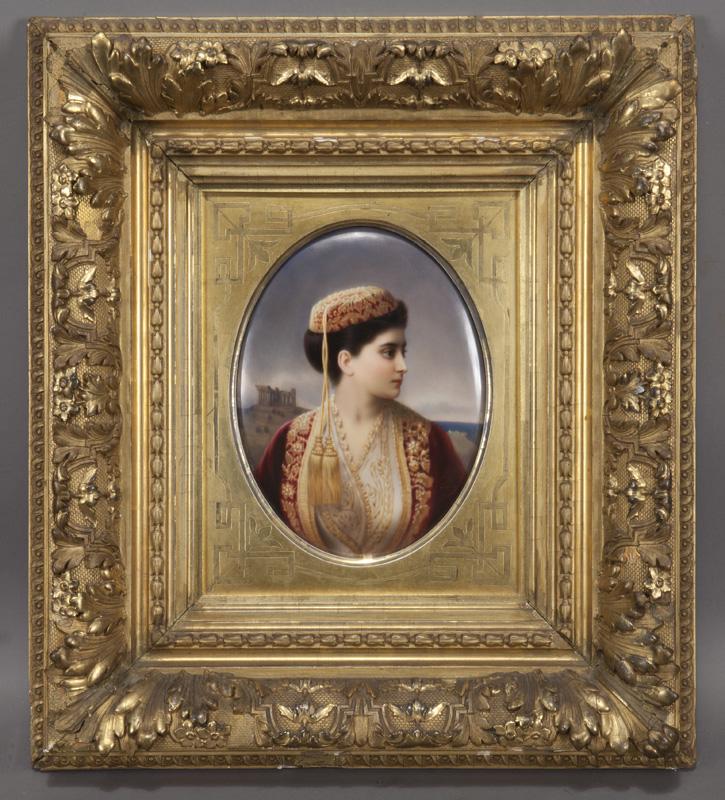 KPM porcelain portrait plaque,: KPM porcelain portrait plaque, depicting a lady in profile dressed in Middle Eastern garment and hat, within an elaborate giltwood frame. Marked to verso with scepter and, "KPM 4 H".