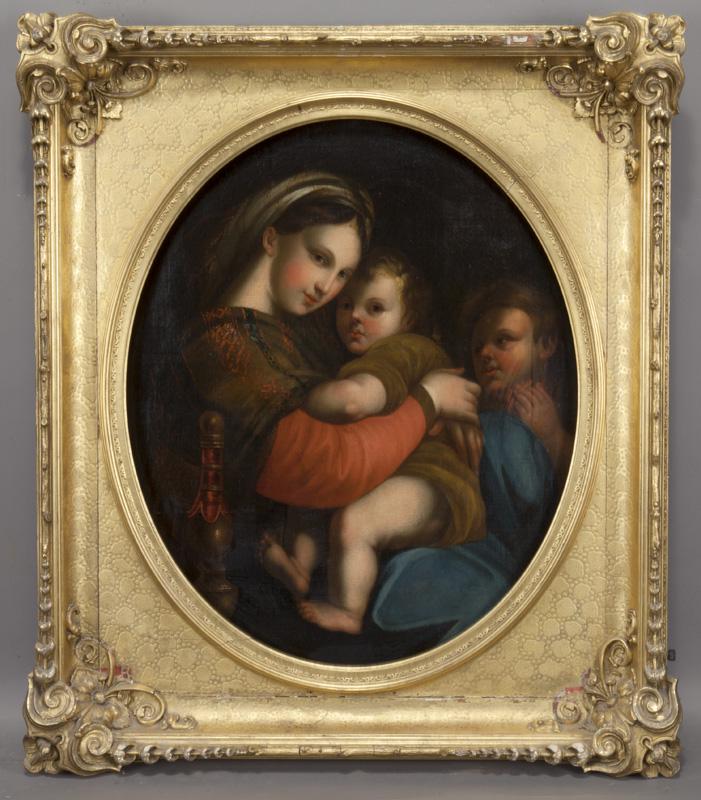 After Raphael "Madonna della Seggiola (della: After Raphael "Madonna della Seggiola (della Sedia) oil on canvas in an elaborate gilt frame. Unsigned. The Madonna della seggiola or Madonna della sedia is a Madonna painting by the Italian renaissan