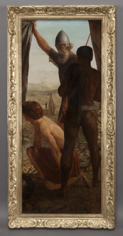 19th C. Unknown Artist "Untitled (The soldiers)": 19th C. Unknown Artist "Untitled (The soldiers)" oil on canvas. Monogrammed and dated lower right. Re-lined and likely reduced in size. Canvas: 38.25"H x 16"W; Frame: 43"H x 20.75"W.