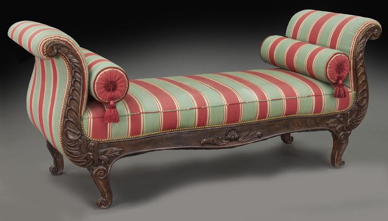 French settee,: French settee, with scrolling frame raised on short cabriole legs, upholstered in red and green striped jacquard with two matching pillows. 33"H x 77"W x 25.5"D, Circa - 19th C. PROVENANCE: From the E