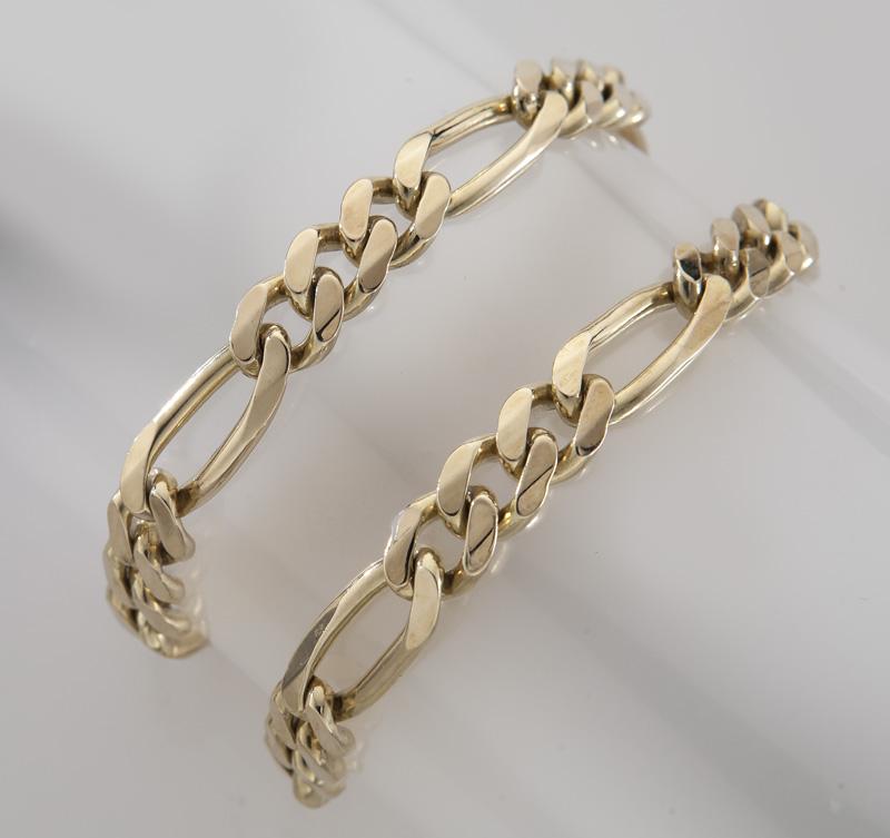 (2) matching gents 14K gold link bracelets.: (2) matching gents 14K gold link bracelets. One stamped, "14K I.G. USA", the other stamped, "14K Italy." 84.6 grams. 8"L, Circa - 20th C.