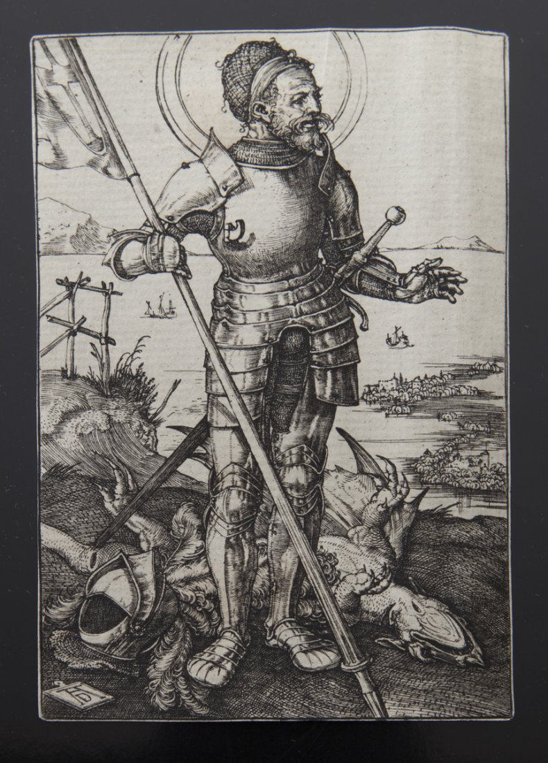 Albrecht Durer etching, "St. George on Foot",: Albrecht Durer etching, "St. George on Foot", on laid paper, verso with red collector stamp of two geese heads in a circle. Sheet: 11.5cm x 7cm. B. 53, M. 55.