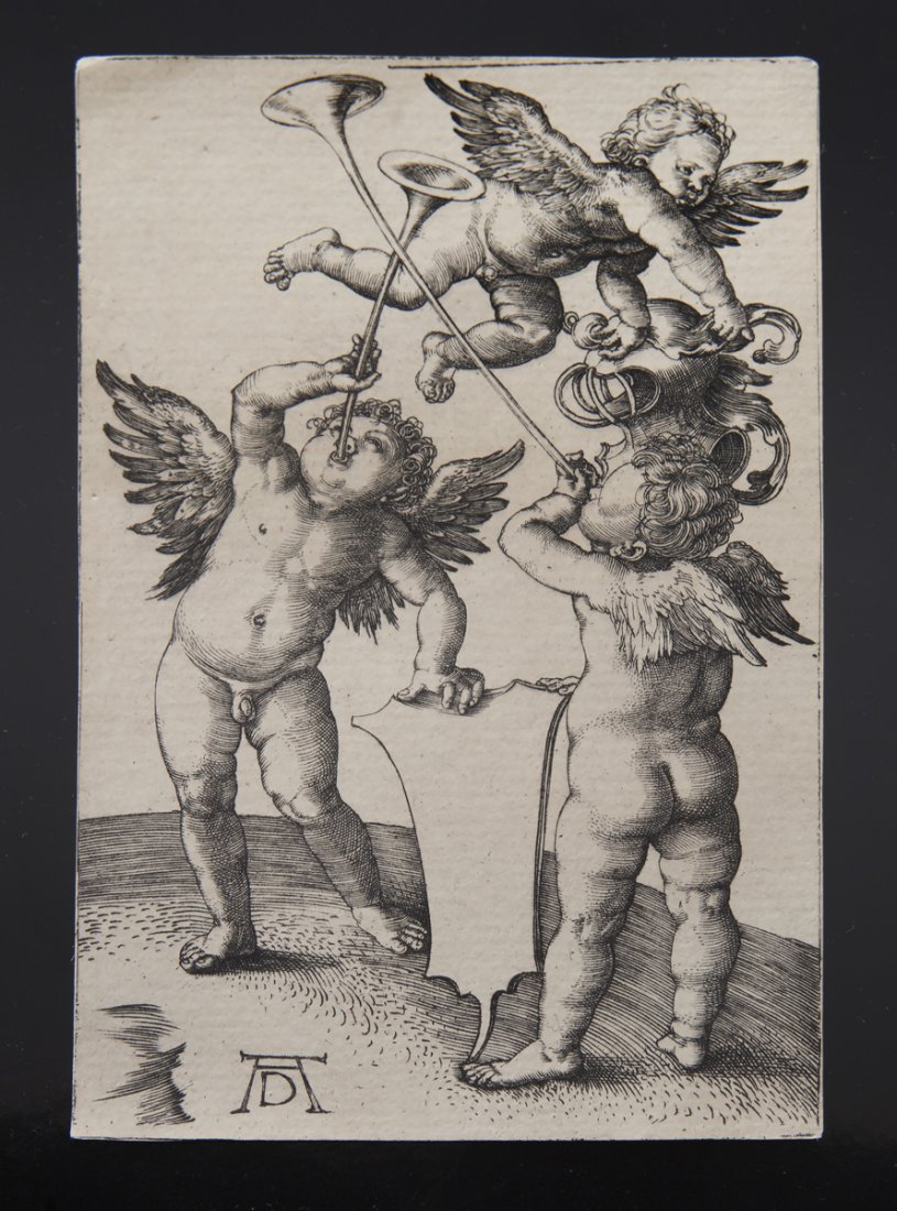 Albrecht Durer etching, "Three Geni,": Albrecht Durer etching, "Three Geni," depicting three putti with horns. On laid paper, trimmed almost to the plate lines, no visible watermark, verso with red collector stamp of two geese heads in a c