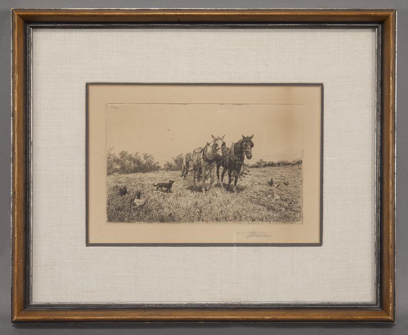 Peter Moran "Untitled (Horses in field)" etching.: Peter Moran "Untitled (Horses in field)" etching. Signed within plate, "P Moran" and signed to lower right, "P Moran". Plate: 4.75"H x 7.875"W; Frame: 13"H x 15.5"W. Peter Moran (American, 1841-1914).