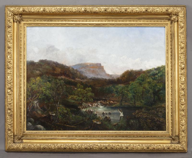 Hudson River School oil painting on canvas: Hudson River School oil painting on canvas depicting a wooded landscape with figures. Unsigned. Canvas: 30.25"H x 40"W; Frame: 41.75" H x 51.5"W. Circa - Mid 19th C.
