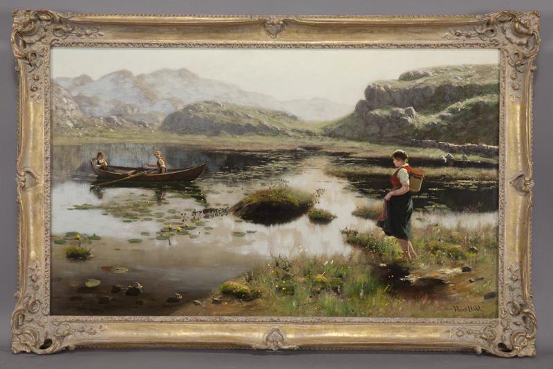 Hans Dahl "Young Woman at Lake" oil on canvas.: Hans Dahl "Young Woman at Lake" oil on canvas. Signed lower right, "Hans-Dahl". Canvas: 22"H x 36"W; Frame: 27.25"H x 41.5"W. Hans Dahl (German, 1849-1937).