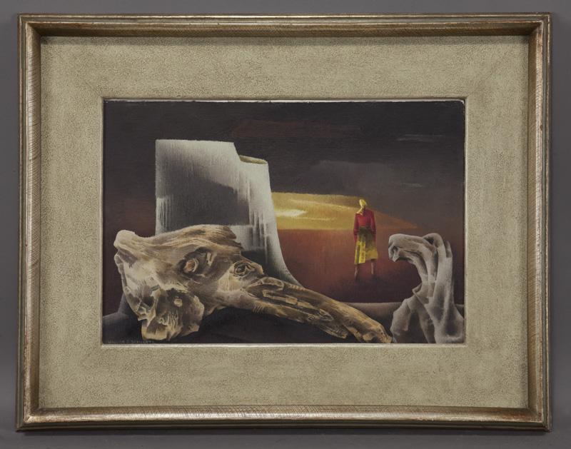 William Samuel Schwartz "Woman & Driftwood" oil: William Samuel Schwartz "Woman & Driftwood" oil on canvasboard. Signed lower left, "William S. Schwartz". Board: 15.25"H x 22.5"W; Frame: 25"H x 32"W. PROVENANCE: From the Estate of Morris Sostrin, Ch