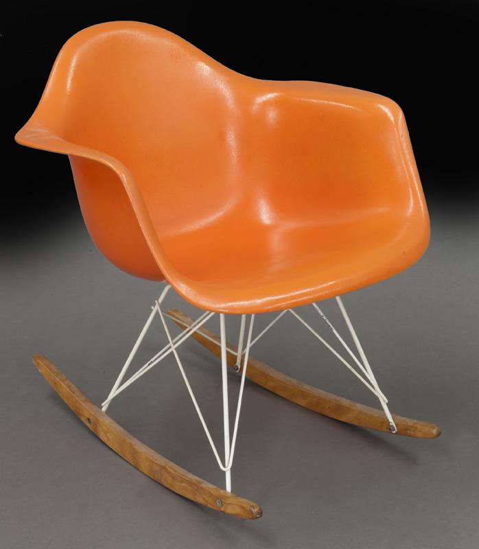 Early Eames RAR Herman Miller Zenith rope edge: Early Eames RAR Herman Miller Zenith rope edge rocking chair in salmon orange. With partial lable, "(Des)igned by Charles Eames, Herman Miller, Zeeland, Michigan, (shi)pped from Venice, Cali(fornia)".