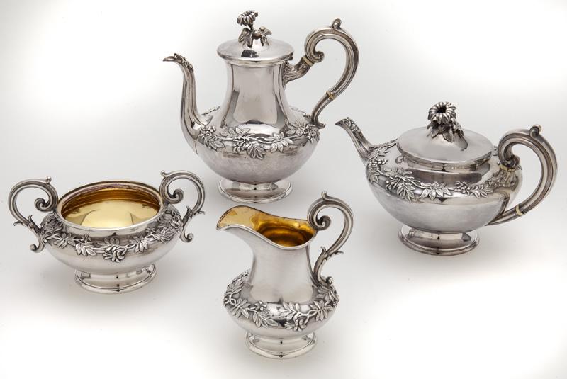(4) Pcs. Old Sheffield plate tea service,: (4) Pcs. Old Sheffield plate tea service, including: (1) coffee pot; (1) tea pot; (1) creamer; (1) sugar. Each marked with bell, likely Smith, Sisson, & Company. Coffee: 10"H, Circa - Mid 19th C.