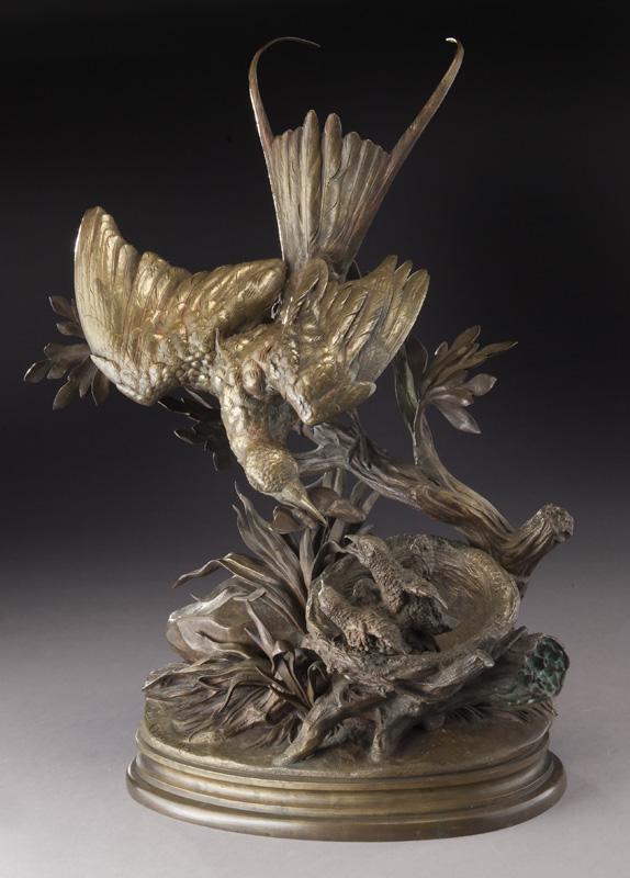 Jules Moigniez bronze bird sculpture.: Jules Moigniez bronze bird sculpture. Signed to base, "J. Moigniez". Jules Moigniez (French, 1835–1894). 20.5"H x 12"W x 8.75"D,